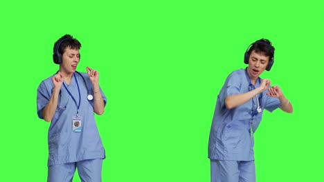 Nurse-having-fun-listening-to-music-on-wireless-headphones